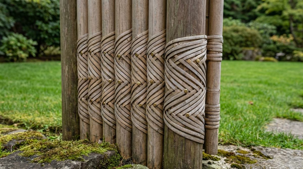 Close-up detail of a traditional Japanese garden gate featuring vertical bamboo poles wrapped with split bamboo strips in geometric spiral patterns. The sleeve fence wrapping technique creates textured decorative patterns while concealing structural connections, showcasing detailed craftsmanship with consistent wrap spacing secured by small brass escutcheon pins.