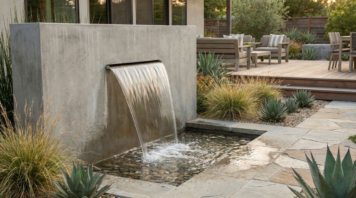 A minimalist slot-spout wall fountain with a narrow horizontal opening releasing a thin, precise sheet of water. The clean linear design integrates seamlessly with contemporary architecture, emphasizing the water's movement rather than decorative elements.