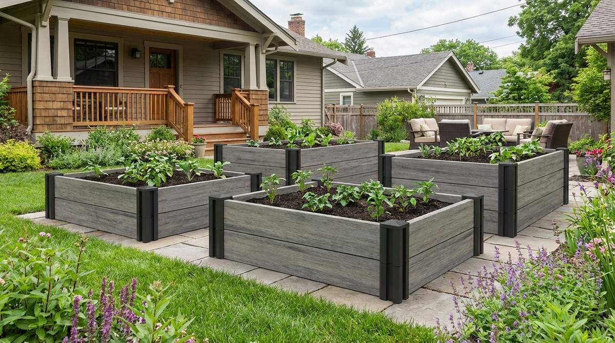 Interlocking corner brackets joining flat panels without tools or fasteners for easy assembly of contemporary garden beds. Panels measure 4 feet long by 12 or 16 inches tall, stacking to desired heights. Made from composite materials that resist decay, insect damage, and UV fading.
