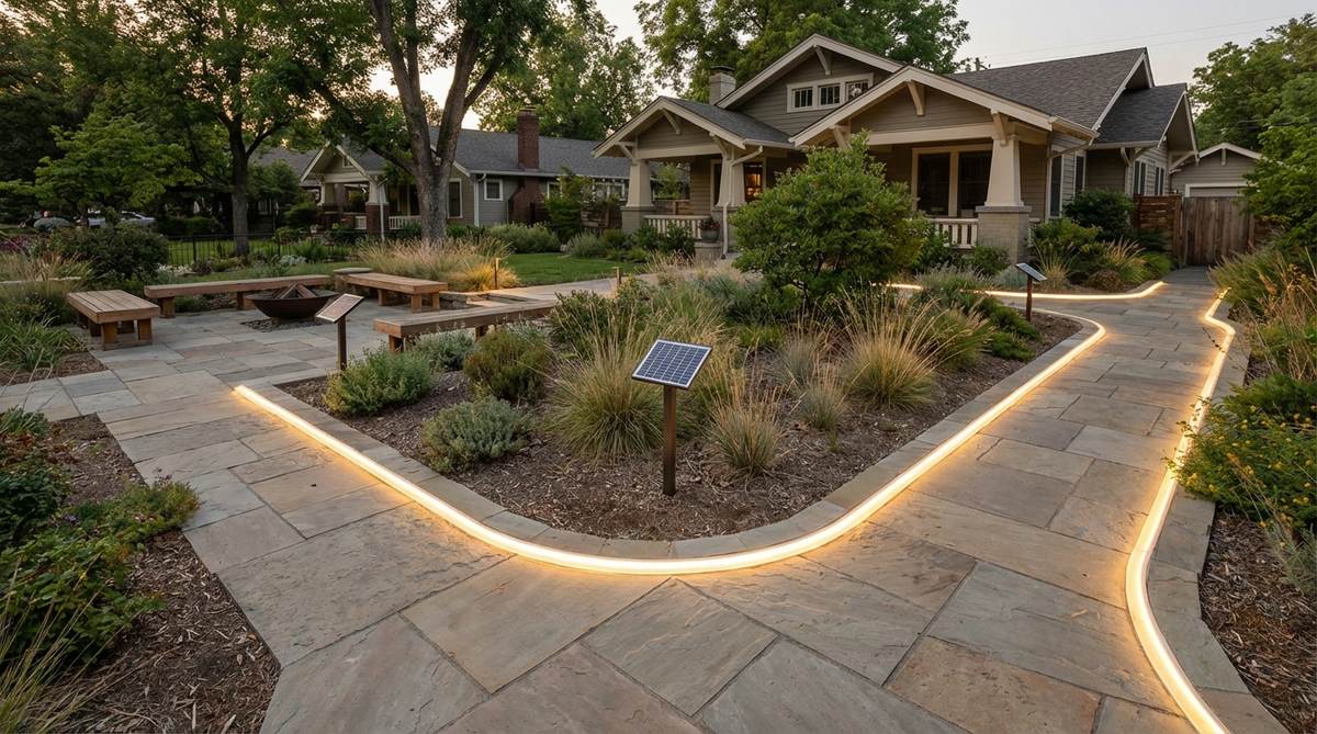 Flexible LED strips powered by remote solar panels, designed for curved pathways to provide continuous light lines without discrete fixture spacing. Mounted in shallow routed channels with UV-resistant silicone extrusion for protection against moisture and mechanical damage, creating modern wayfinding graphics for outdoor decor.