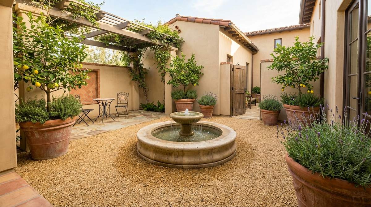 A Mediterranean-inspired interior courtyard featuring a central fountain surrounded by warm-toned pea gravel in tan or gold hues. Terra cotta containers with citrus, lavender, and rosemary plants complement the stucco walls and tile accents, creating a functional and aesthetic Old World retreat that handles fountain overflow and stays cool in hot climates.