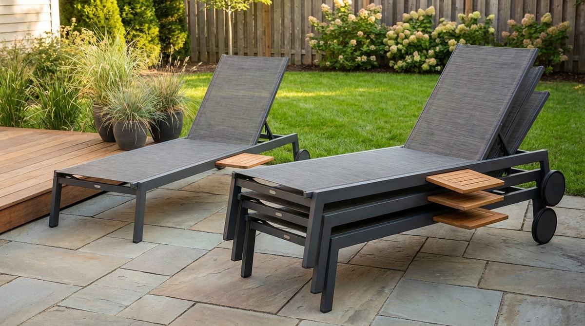 A set of modern stacking lounge chairs with integrated side tables, designed for small garden spaces. The chairs feature adjustable reclining backs, folding legs for compact storage, and built-in wheels for easy repositioning. The integrated side tables provide convenient drink surfaces while maintaining a space-saving design when stacked vertically.