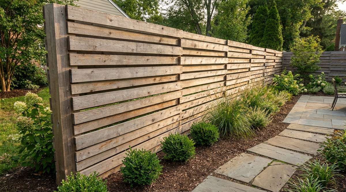 A small garden fence featuring staggered horizontal boards with offset depths of 1-2 inches, creating layered visual interest and shadow lines while maintaining horizontal orientation to expand space perception. The design provides privacy through eliminated sightlines while preserving airflow between board layers.