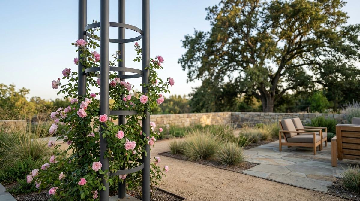 A minimalist steel tube pillar with welded rings, powder-coated for durability, used as a contemporary support structure for climbing roses in modern garden design. The clean, streamlined framework allows roses to become the visual focal point without competing with structural elements.