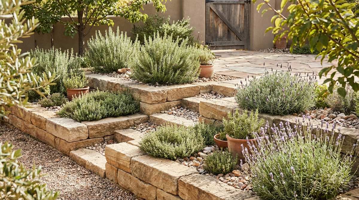 Shallow stone tiers creating specialized microclimates for Mediterranean herbs like rosemary, thyme, and lavender. The stepped construction uses smaller stones for a delicate appearance suitable for courtyard and patio gardens, with excellent drainage that prevents root rot and mimics native rocky hillside conditions.