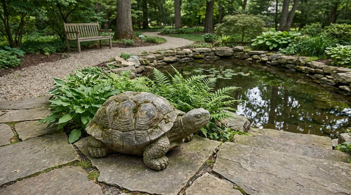 A detailed stone turtle sculpture positioned at the edge of a garden pond, featuring textured shell patterns and natural stone coloring that blends with surrounding hardscapes. The sculpture is placed on flat stones near fern plantings, representing a longevity symbol in a contemplative garden zone.