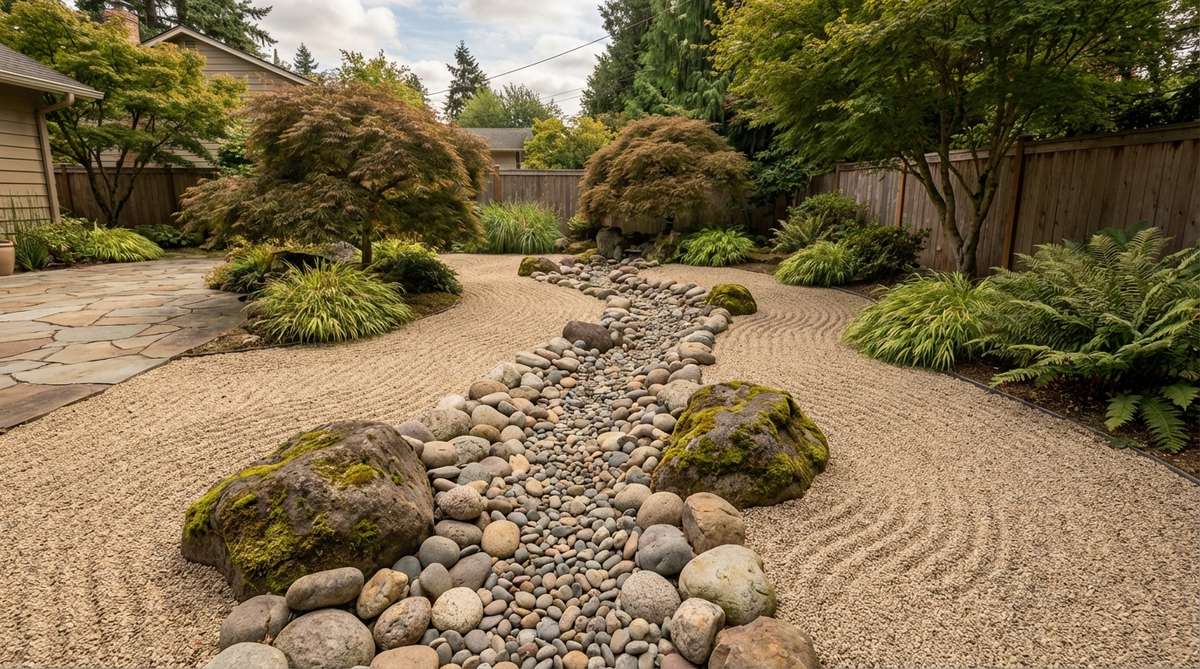 A zen garden featuring a meandering line of river-worn boulders arranged to suggest a dried stream bed, with larger stones at curve outer edges and smaller stones in the center channel, surrounded by raked gravel that mimics water flow patterns.