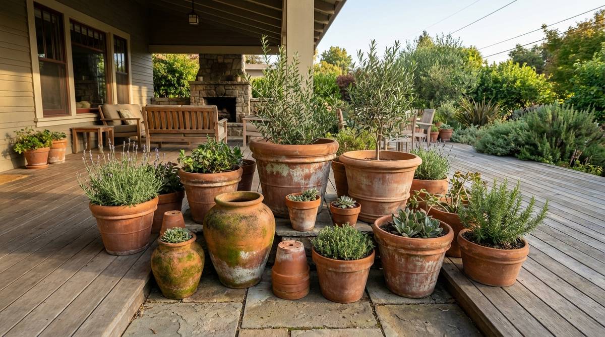 A collection of unglazed terra cotta pots in various sizes arranged in odd numbers on a porch, showcasing natural clay tones that create a rustic Mediterranean atmosphere. The porous clay material helps wick moisture for plants preferring drier soil conditions, with some pots showing aged patina from yogurt treatment to encourage moss growth.