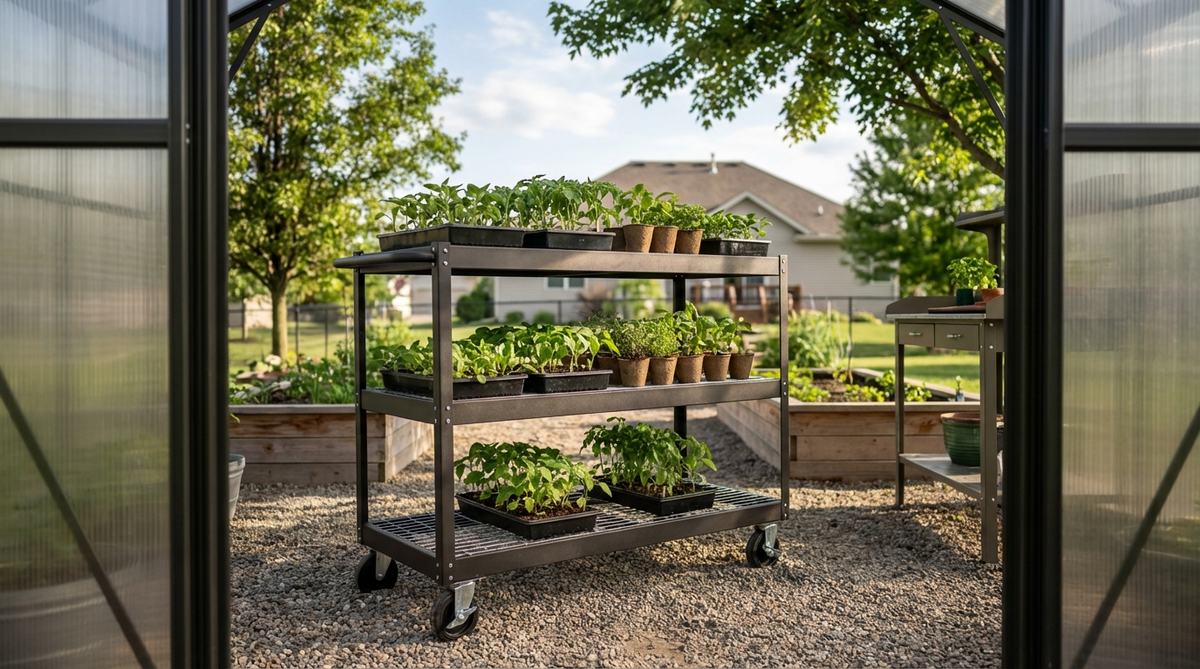 A mobile three-tier greenhouse cart with locking caster wheels and mesh shelves, ideal for repositioning seedlings to follow sun exposure and simplify the hardening-off process in mini garden greenhouses.