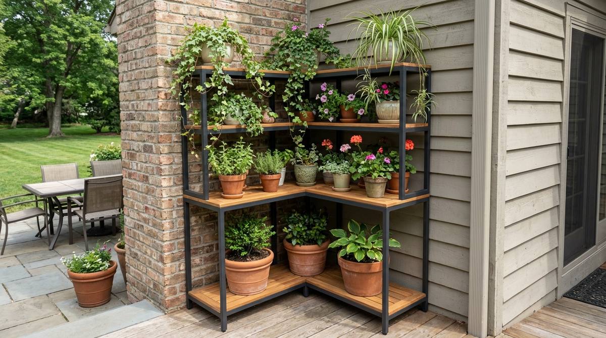 A freestanding tiered corner shelf unit made of weather-resistant materials like powder-coated steel or sealed teak, arranged with plants in ascending size order and trailing varieties on top shelves, utilizing dead space where two walls meet for balcony decor.