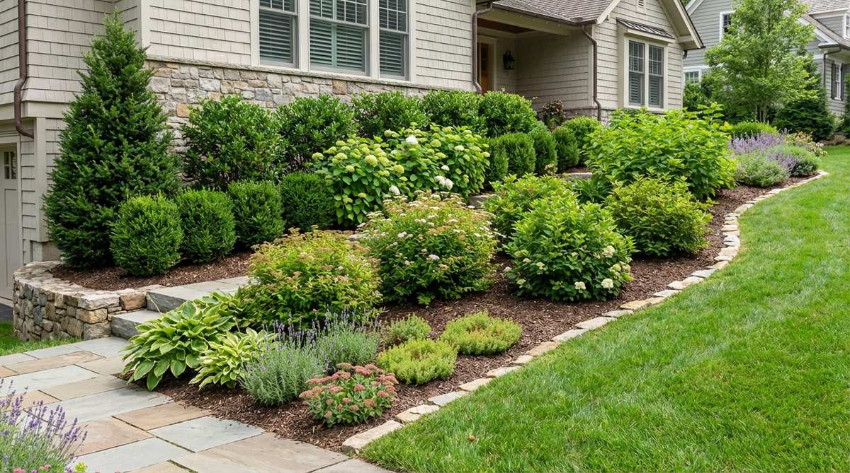 Illustration of a tiered height gradient in a front yard garden, showing tall shrubs near the foundation, medium shrubs in the middle, and low perennials at the edge to create a sloped visual effect that ensures all plants are visible and properly scaled.