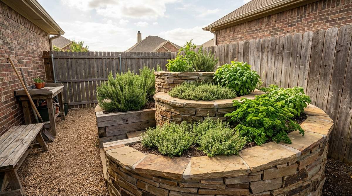A tiered herb spiral garden installed against a wall, featuring ascending platforms with culinary herbs like rosemary, thyme, basil, and parsley. Constructed from stone or timber, it optimizes sun exposure and drainage while creating dimensional interest in garden decor.