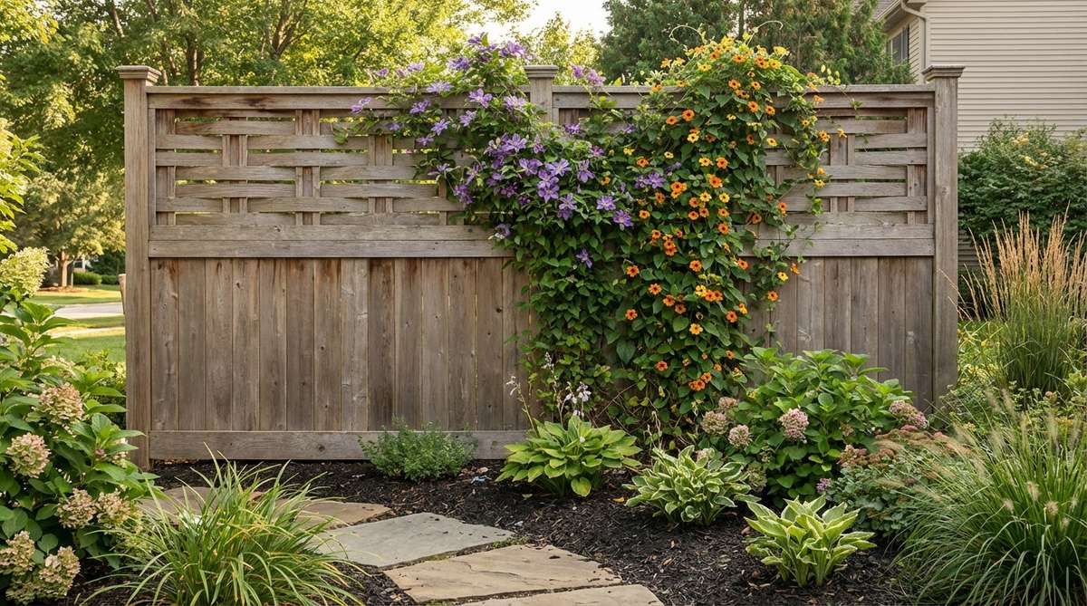Wooden fence panel with solid lower section and decorative lattice top section, supporting climbing flowers like clematis or black-eyed Susan vine. The design combines privacy with garden decor, softening fence lines with seasonal color through integrated trellis support.