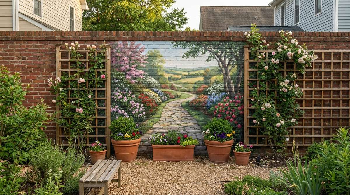 A hyperrealistic trompe-l'oeil mural painted on a garden boundary wall, depicting a garden path that appears to extend into a distant landscape. The mural is enhanced with three-dimensional elements like actual trellises and planters in front of it, creating a convincing illusion of depth and expanded space in a small garden setting.
