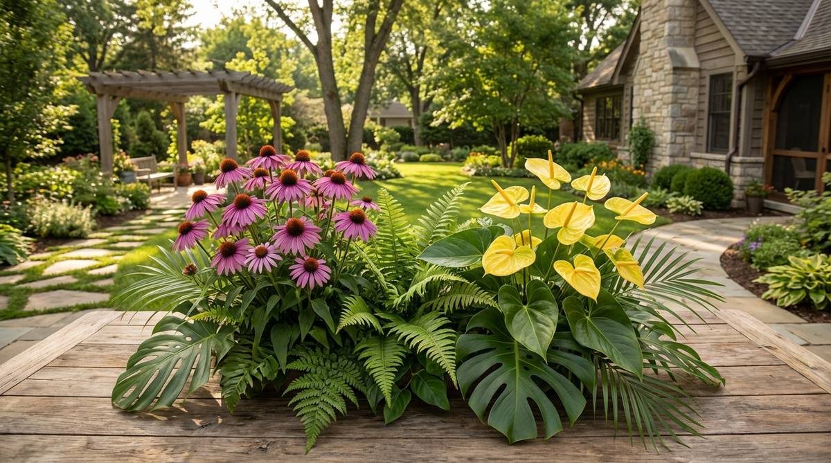Vibrant tropical centerpiece featuring echinacea and anthurium flowers in bold purple and yellow color pairings, arranged with organic variation for garden wedding decor. This California tropical arrangement creates natural contrast through complementary colors, perfect for daytime garden celebrations.
