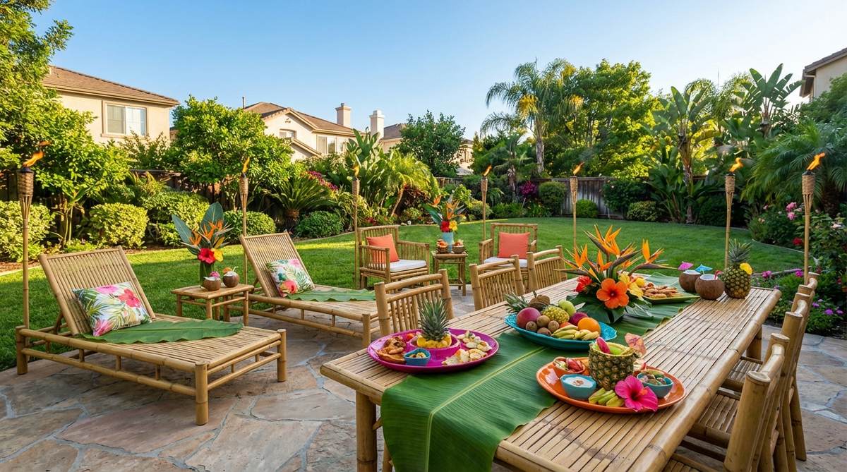 Vibrant tropical garden party decor featuring banana leaves, bird of paradise plants, and hibiscus flowers. Shows oversized leaf table runners, bamboo furniture, tiki torches, and brightly colored servingware in fuchsia, turquoise, and orange. Includes fresh pineapples and coconuts used as decorative elements and cocktail serving vessels.