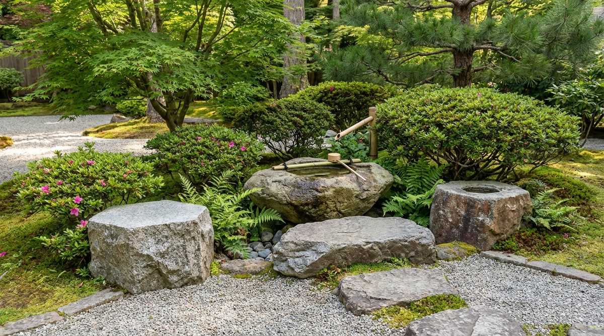 A traditional Tsukubai purification seat arrangement in a Japanese garden, featuring low stone seats positioned near a water basin for ritual cleansing before tea ceremonies. The composition includes the primary seating stone flanked by water bucket and candleholder stones, following authentic tea ceremony specifications with stones that have flat tops and rough sides to mark the transition between ordinary and sacred spaces.