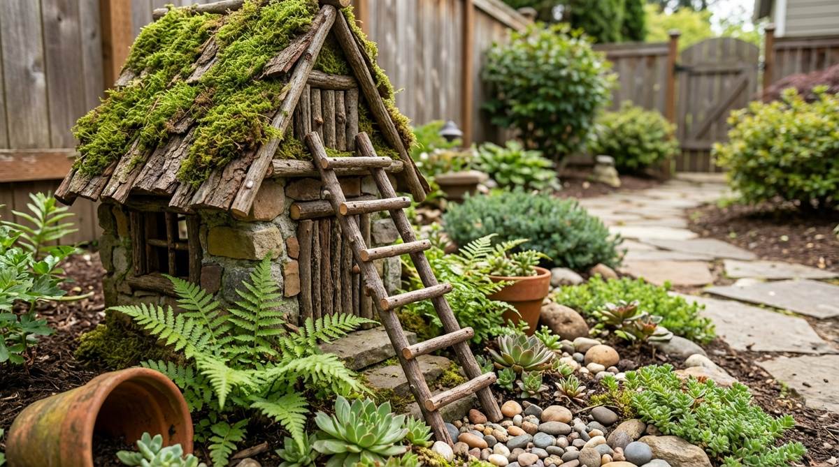 A rustic twig ladder leaning against a fairy garden cottage, crafted from parallel twigs with evenly spaced rungs, suggesting magical access to rooftops and upper levels in an enchanted miniature landscape.