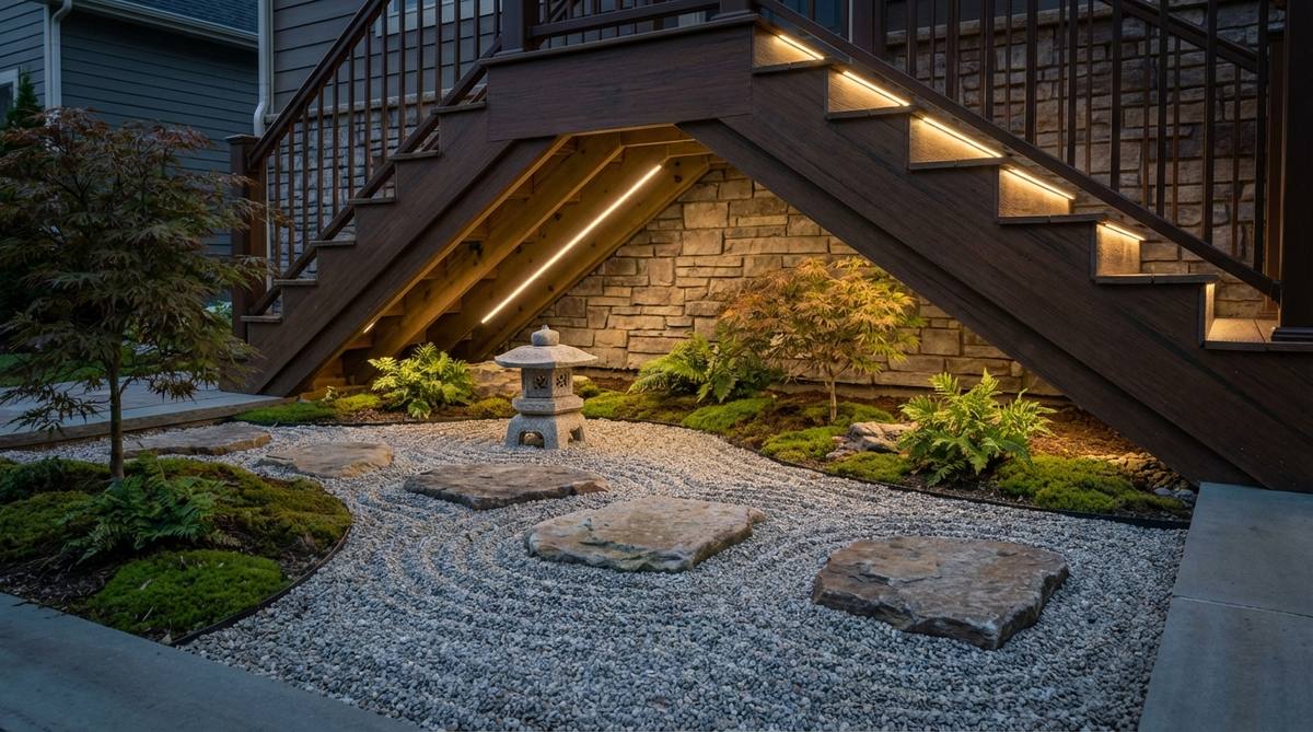 A serene under-stair alcove transformed into a zen garden with raked gravel patterns, natural stone elements, and subtle recessed lighting creating a peaceful meditation space.