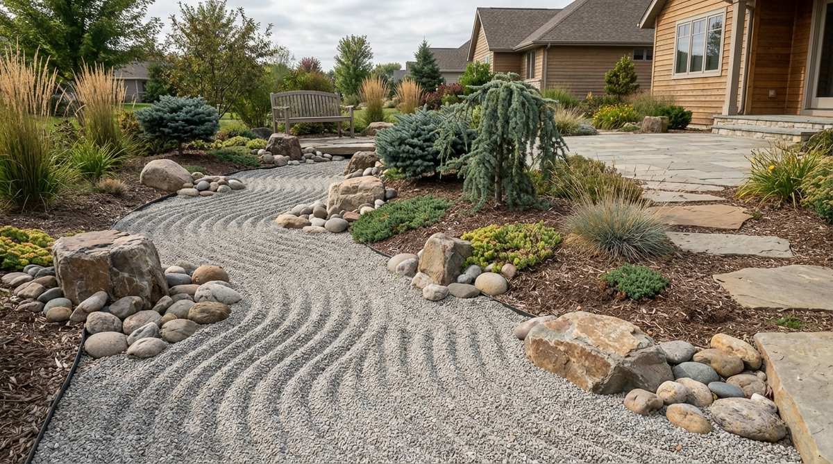 A depression in raked gravel suggesting a dry stream bed, with deeper raking creating shadows that enhance three-dimensional perception. The design emphasizes negative space, making the absence of water the central statement in this Japanese Zen garden feature.