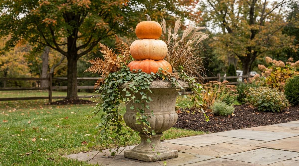 An elevated pumpkin stack arrangement for fall outdoor decor, featuring a large urn or planter as the foundation with 2-3 pumpkins stacked on top, surrounded by trailing ivy, autumn ferns, and dried grasses spilling over the urn edge for a softened composition.