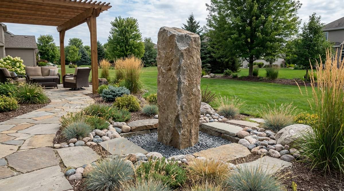 A tall columnar boulder standing upright in a stone garden, creating a dramatic vertical accent that draws the eye upward and balances horizontal landscape layers. The stone reaches 4-8 feet high and is securely installed with a foundation pit excavated to one-third its height, backfilled with crushed stone and compacted for permanent stability.