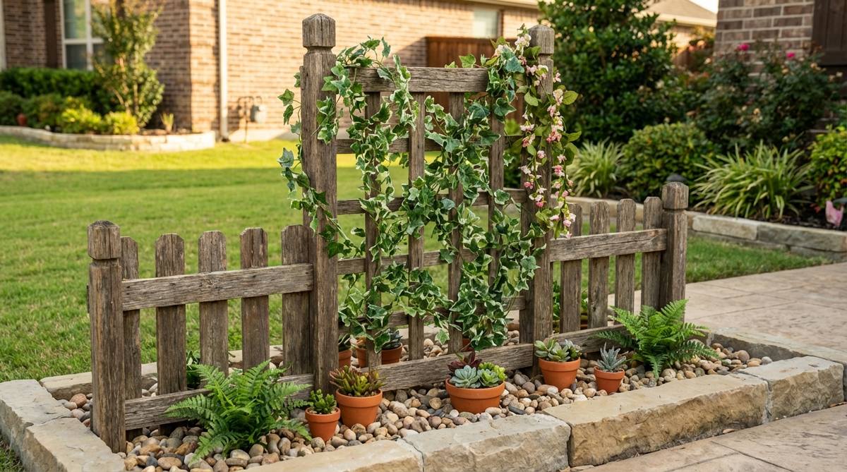 A decorative mini garden fence featuring a trellis structure wrapped with artificial or preserved vines, creating an instant aged garden atmosphere. Perfect for terrariums and small garden spaces where maintaining living climbing plants is difficult.