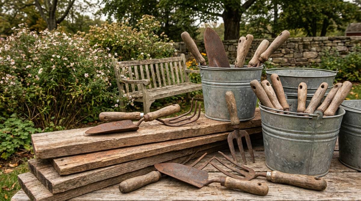 A collection of antique garden tools, including trowels, cultivators, and hand forks, arranged on reclaimed boards or in galvanized buckets, showcasing worn wooden handles and rusted metal heads as decorative elements in a vintage garden setting.