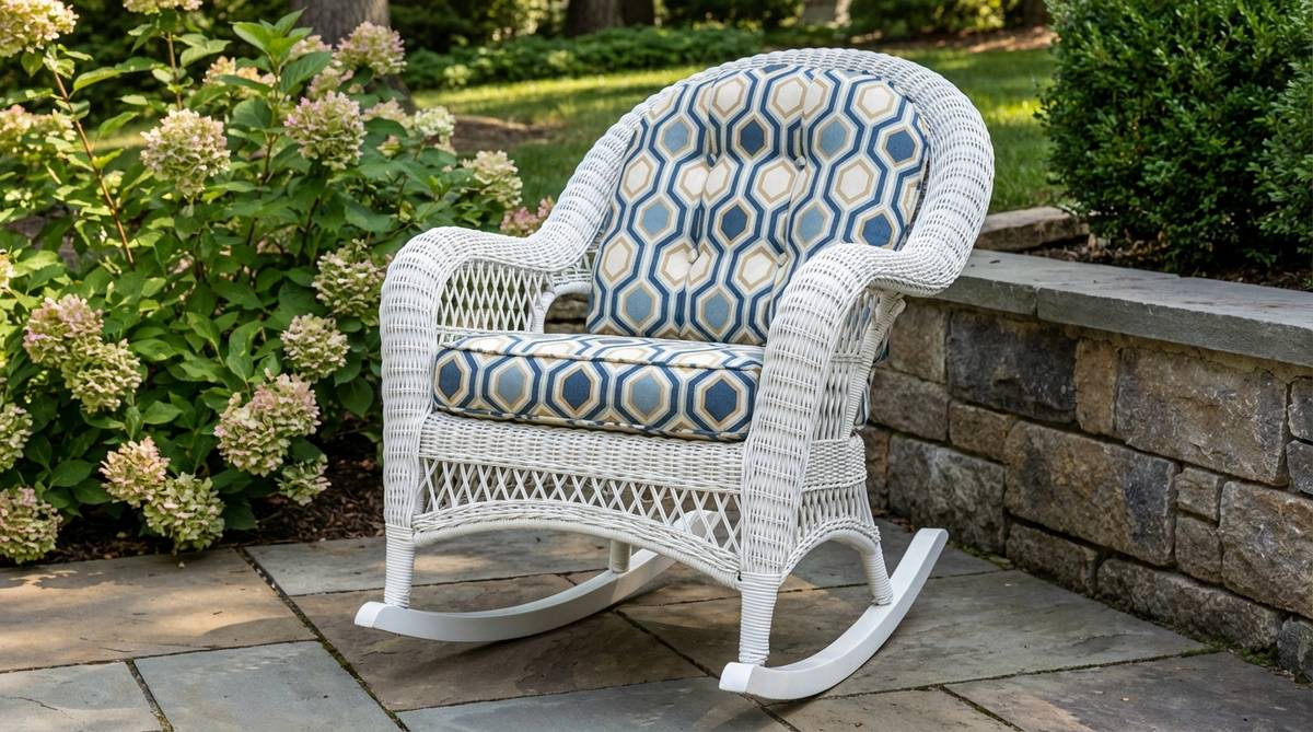A restored vintage rattan rocking chair painted glossy white with a geometric print cushion, perfect for spring outdoor decor. The restoration process includes sanding, bonding primer, and two coats of exterior enamel for weather protection.