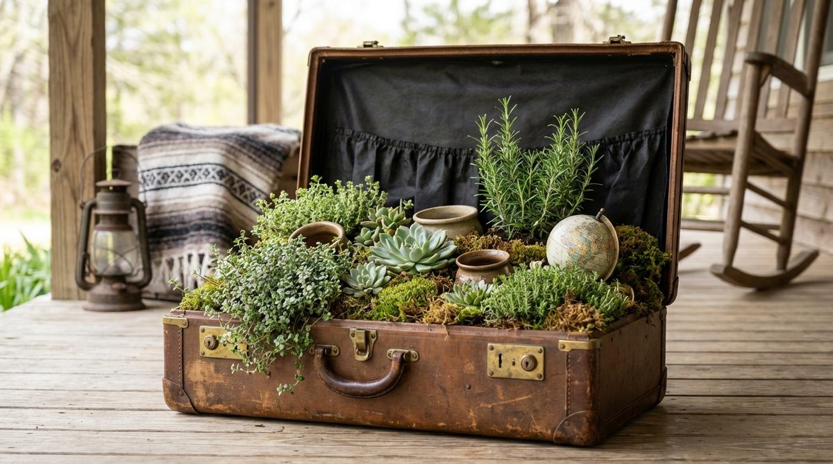 A vintage hard-sided suitcase from the 1940s-50s, propped open and transformed into a whimsical planter, lined with landscape fabric and planted with shallow-rooted herbs, succulents, or moss, showcasing bohemian wanderlust decor on a covered porch.