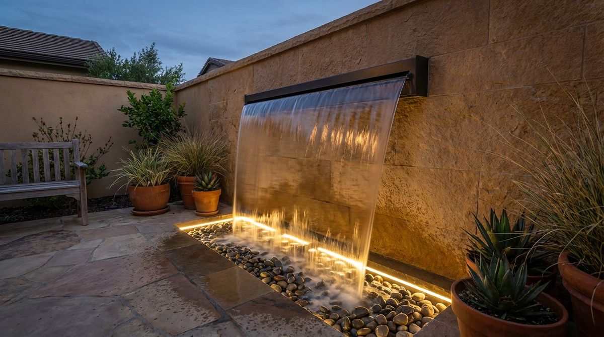 A sleek wall-mounted water blade creating a vertical sheet of water flowing down a courtyard wall, with LED uplighting illuminating the water movement at night. This space-efficient water feature adds reflective movement and visual focus to a small garden courtyard without consuming floor area.