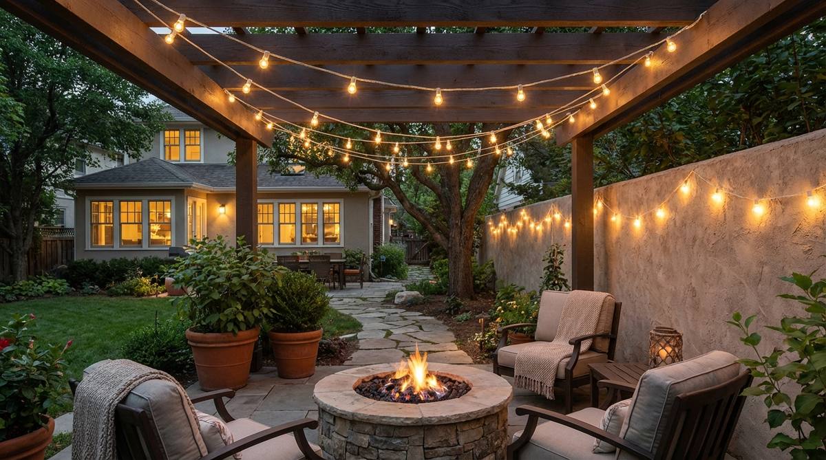 Warm white string lights creating a soft ambient glow along walls or wrapped around beams, enhancing the cozy modern boho atmosphere with their gentle illumination after dark. The lights feature fabric cords or simple wire, draped loosely to maintain a relaxed aesthetic rather than rigid lines.