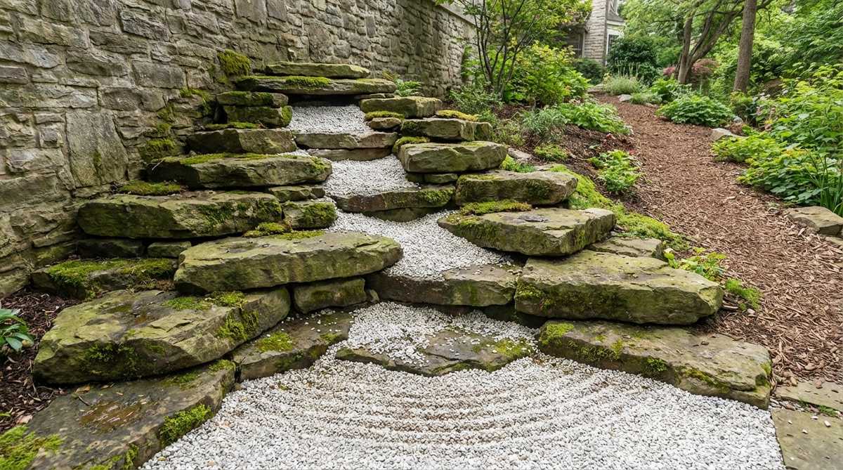 A vertical stone arrangement simulating a waterfall in a Japanese stone garden, featuring stacked flat stones in a staggered descent with white gravel flowing between levels and pooling at the base. Horizontal lines are raked into the gravel to indicate settled water, and moss is added to stone tops and sides to suggest moisture and age. This design works against walls or slopes, enhancing the cascade illusion and bringing dramatic elevation changes to flat gardens through built structures.