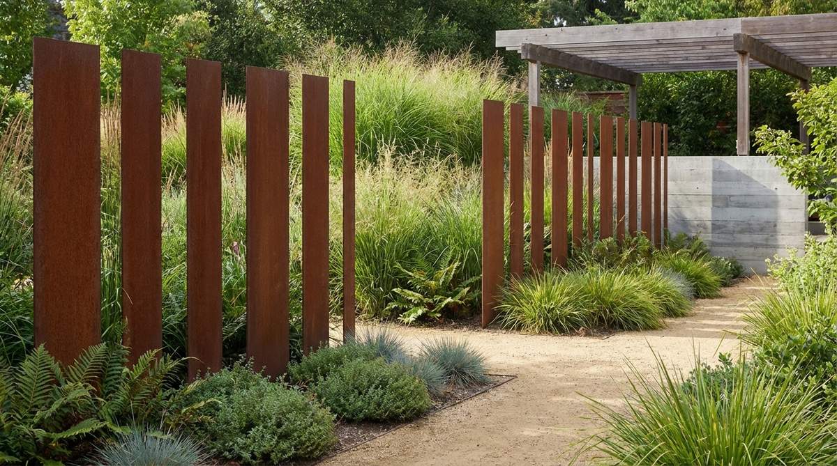 Vertical corten steel plates with a rich rust patina, contrasting against green plantings in a modern garden setting. The simple rectangular forms, ranging from three to eight feet in height, create visual weight and align with minimalist design principles.