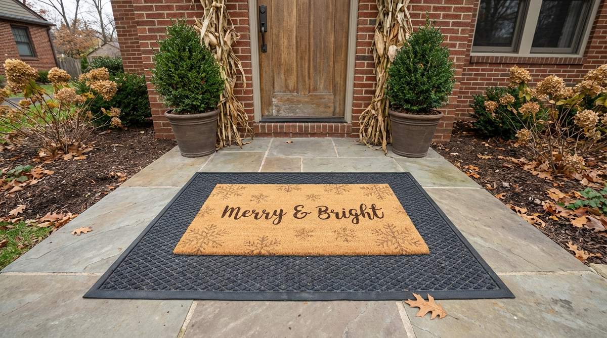 A layered welcome mat setup featuring a holiday-themed coir mat with subtle designs like 'Merry & Bright' or snowflake patterns, placed over a standard doormat to enhance Christmas outdoor decor with seasonal messaging and practical functionality.
