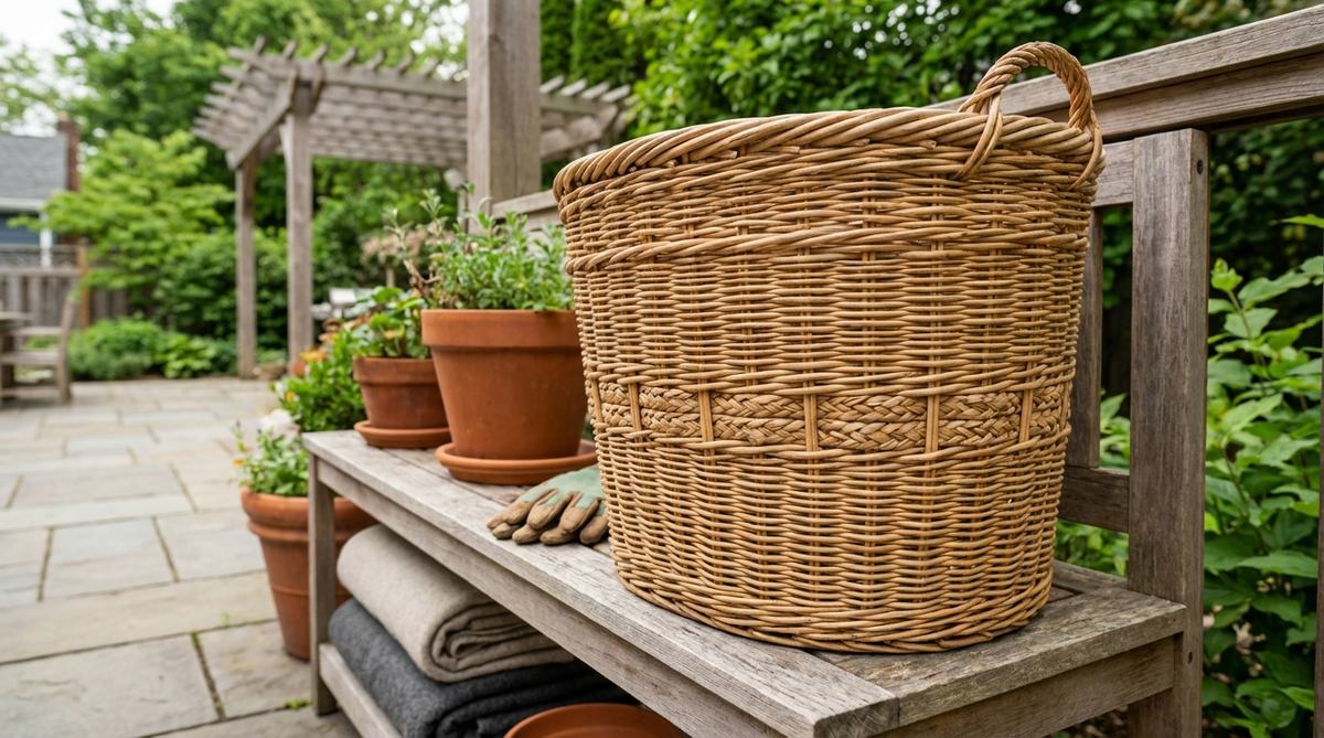 A woven wicker basket in natural tan color, used for textured storage in earthy boho decor. It features a handcrafted appearance with varied weave patterns, ideal for organizing blankets, magazines, or plant supplies on open shelving as a decorative element.