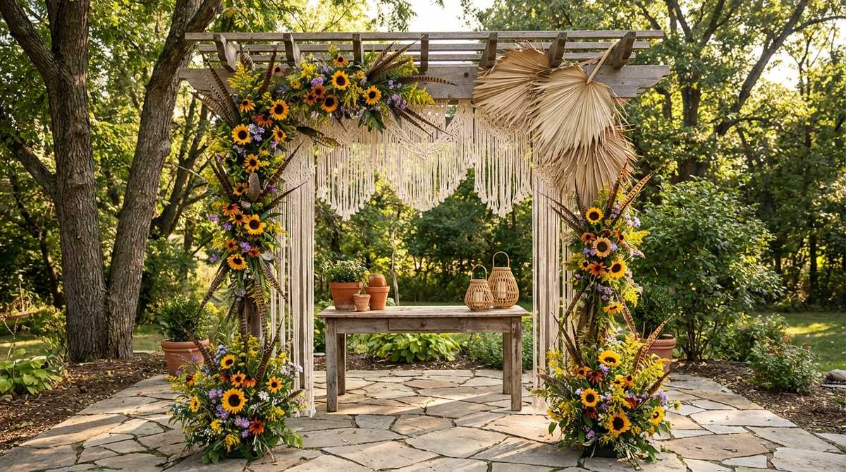 A boho wedding decoration featuring wildflowers and feathers arranged asymmetrically for natural movement and earthy aesthetics.