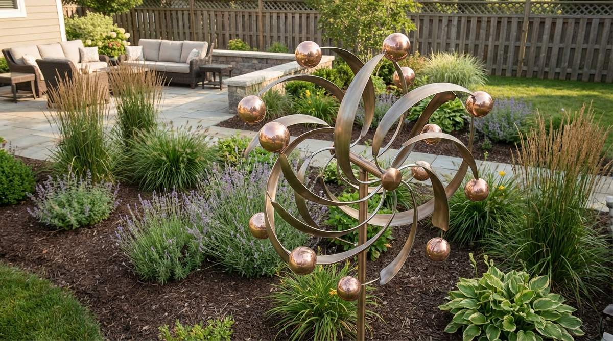 A kinetic wind sculpture in a garden setting, featuring rotating metal arms and spinning orbs that respond to air movement, adding dynamic visual interest to static garden beds.