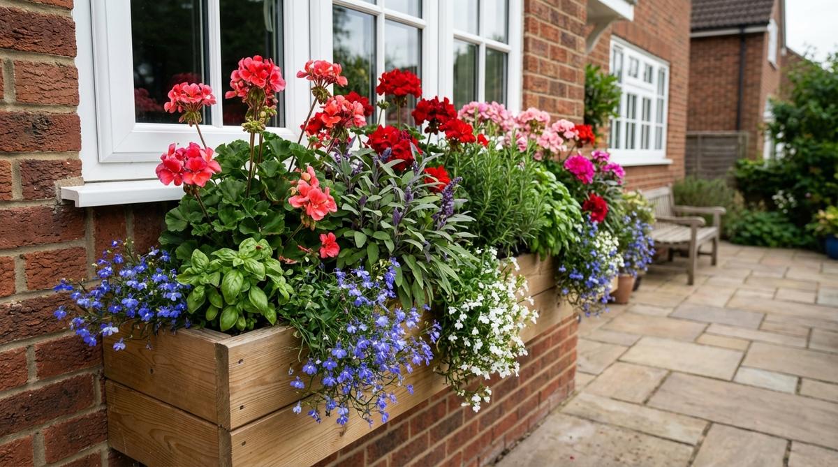 A vibrant window box style raised bed with layered flowers and herbs beneath a window, featuring spilling lobelia, upright geraniums, and scented herbs arranged in a thriller-filler-spiller formula for visual depth and motion.