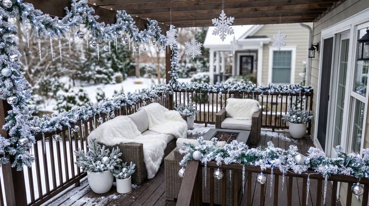 An elegant all-white Christmas balcony decor featuring snowflake ornaments, white lights, silver metallics, and faux snow elements. White fur throws on seating, oversized white snowflakes hanging from the ceiling, white-flocked garland on railings, and crystal icicle ornaments reflecting cool white LED lights create a sophisticated winter wonderland aesthetic.