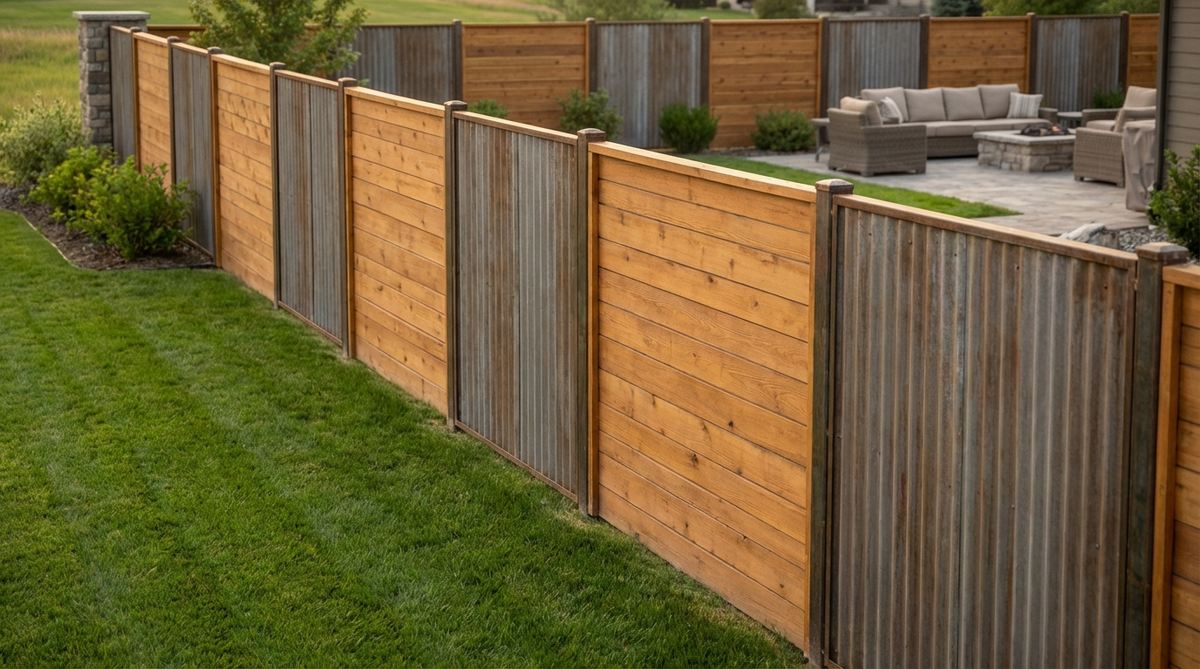 A modern farmhouse fence design featuring alternating sections of horizontal cedar wood boards and corrugated metal panels, creating rhythmic material variation and contrasting textures to prevent visual monotony in garden settings.