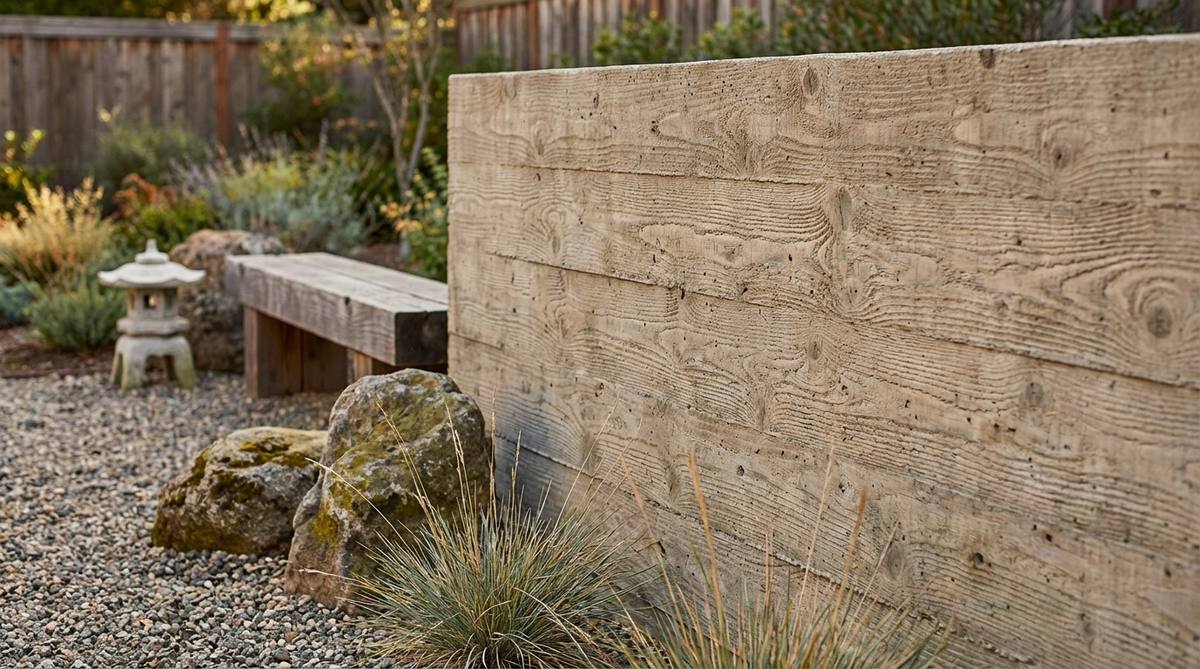 A close-up view of wood grain textured concrete, created by pouring concrete against rough-sawn lumber forms to transfer organic wood patterns onto durable mineral surfaces. This technique combines the warmth of natural materials with contemporary durability, referencing traditional Japanese wooden temple architecture in modern zen garden design.