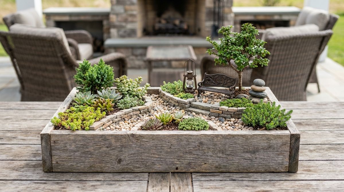 A rectangular wooden planter box creating a miniature landscape with pebble pathways, small plants, and decorative accessories arranged for visual depth and narrative progression. The untreated wood develops a rustic patina over time, perfect for table runners and sideboard displays in farmhouse aesthetics.