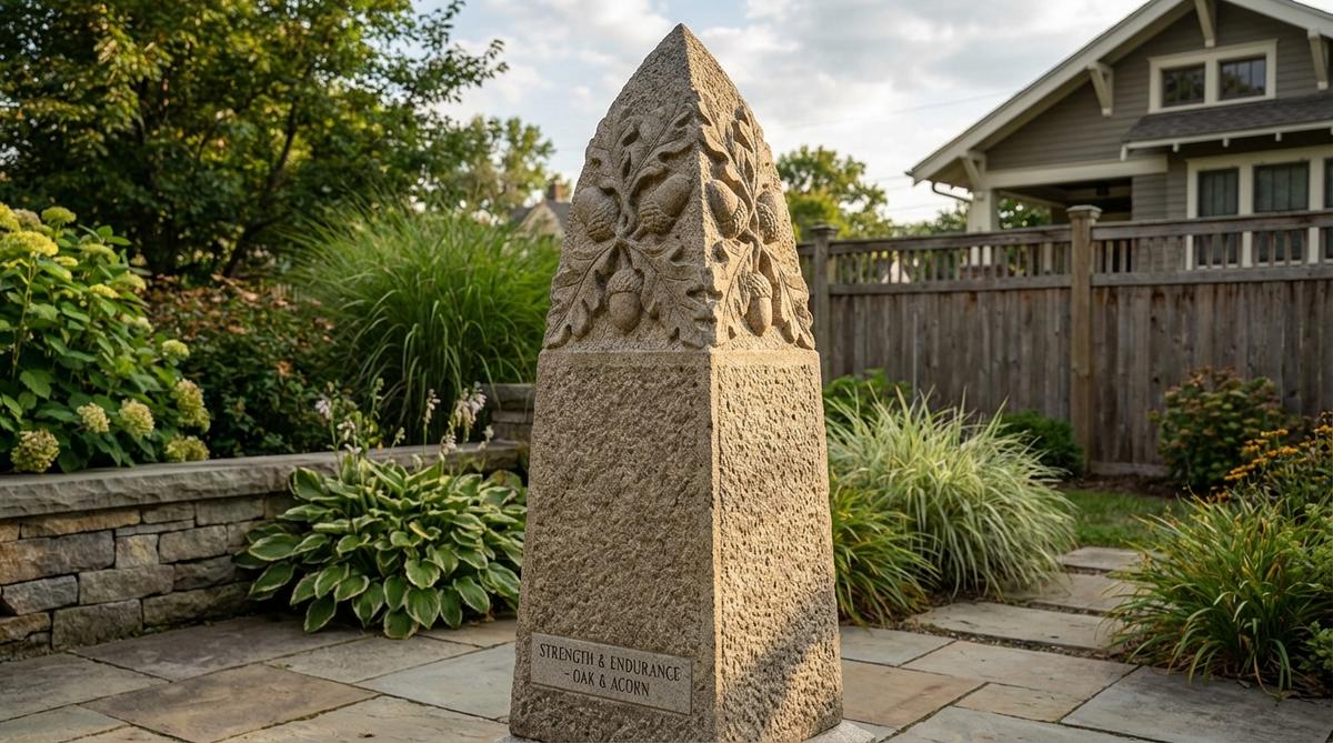 A detailed view of a stone garden obelisk featuring a carved acorn and oak leaf relief cap, showcasing botanical motifs that symbolize strength and endurance. The relief depth is optimized for shadow readability and structural integrity, with recommendations for custom carving of locally significant species to enhance site connection.