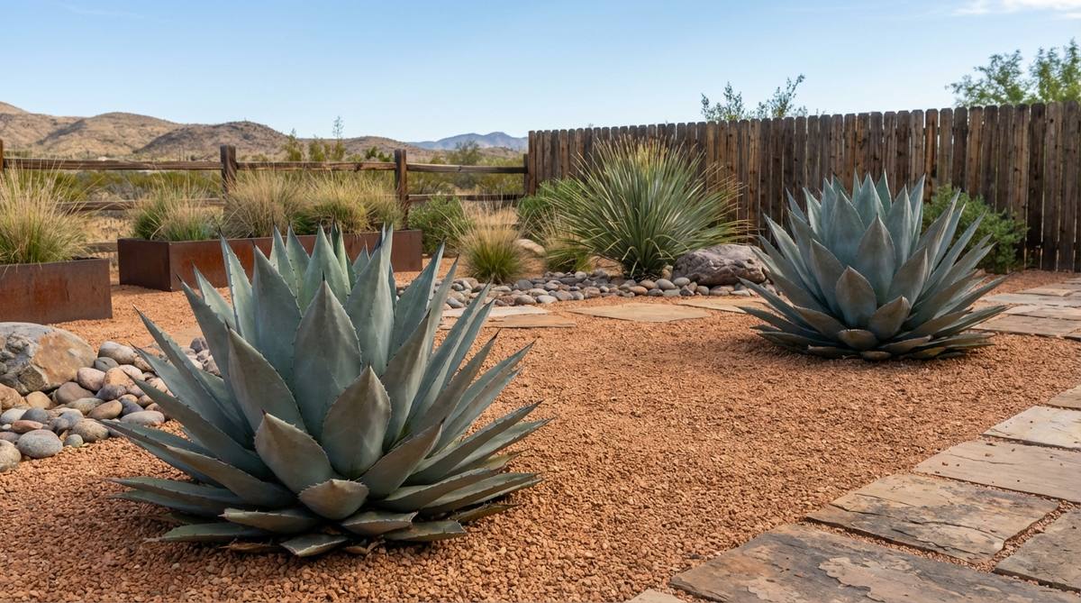 An image showcasing agave plants in a minimalist desert garden, highlighting their architectural rosettes and blue-gray foliage against warm-toned gravel, emphasizing drought tolerance and sculptural form.