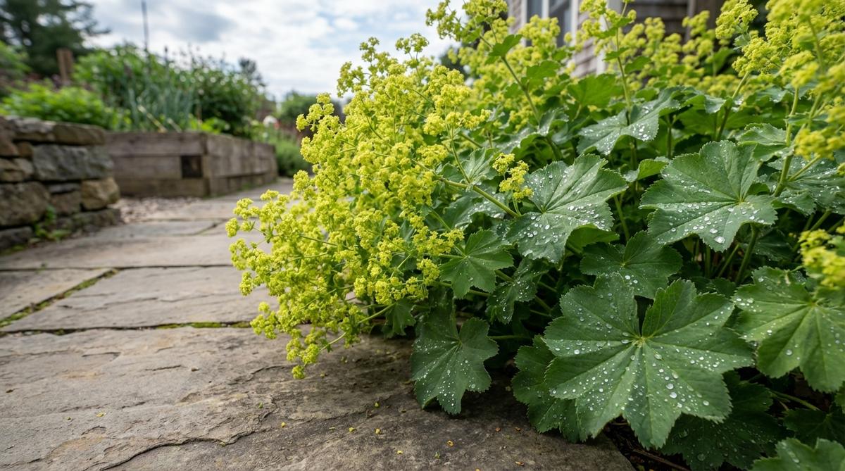 A close-up image of Alchemilla Mollis Foam, also known as Lady's mantle, showcasing its chartreuse flower clouds and scalloped leaves with silvery morning dew droplets. The plant, reaching 18 inches tall, is shown spilling naturally onto a pathway edge in a small garden cottage, illustrating its ideal placement for borders and hard surface overlap.