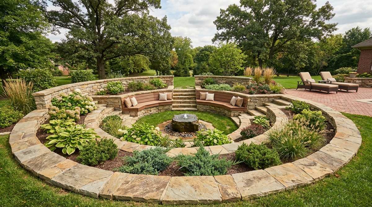 A raised bed garden featuring amphitheater curved terraces with concentric semi-circular tiers, creating a focal point geometry that draws the eye. The curved walls soften geometric severity while maintaining structural efficiency, ideal for specimen plants or water features, with seating incorporated into upper tiers for an outdoor room effect.
