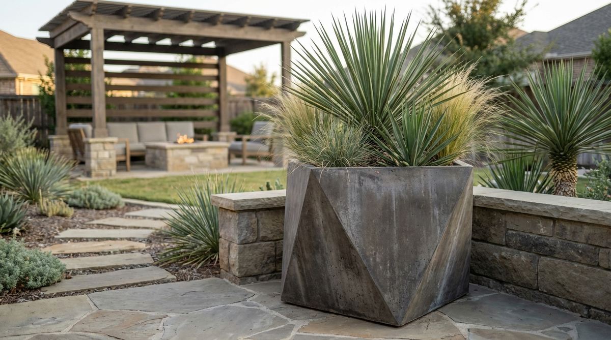 A modern angular planter with asymmetric faceted design serving as a sculptural element for outdoor decor. This artistic vessel features unconventional geometry that creates a dramatic focal point when paired with architectural plants like yuccas or grasses.
