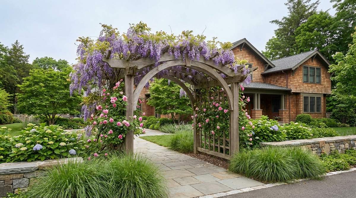 An arched garden portal trellis spanning a pathway, creating a ceremonial entrance with fragrant climbers like wisteria or roses, framed for comfortable passage and year-round visual interest in a modern garden setting.