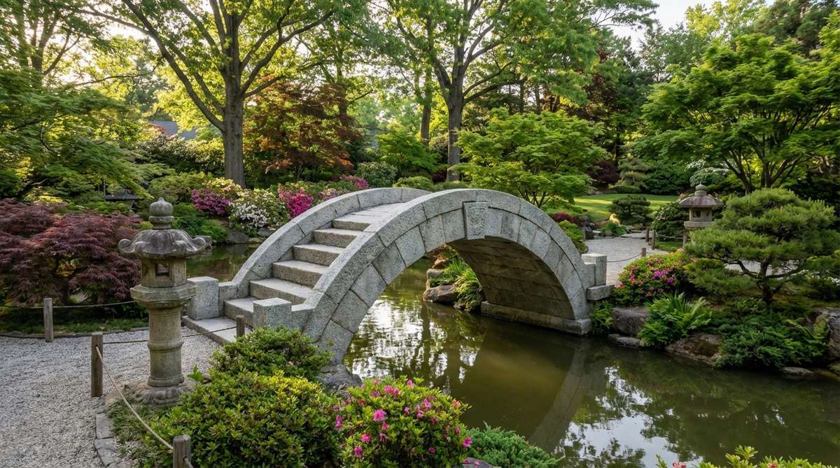 Traditional Japanese garden stone arch bridge (Sori Ishibashi) constructed with precisely cut voussoirs that transfer loads through compression. The curved stone arch demonstrates traditional masonry techniques where wedge-shaped blocks are arranged over temporary formwork and locked with a keystone, achieving structural strength without mortar through careful load distribution. This engineering marvel represents the pinnacle of traditional Japanese garden bridge construction, combining aesthetic beauty with functional design principles.